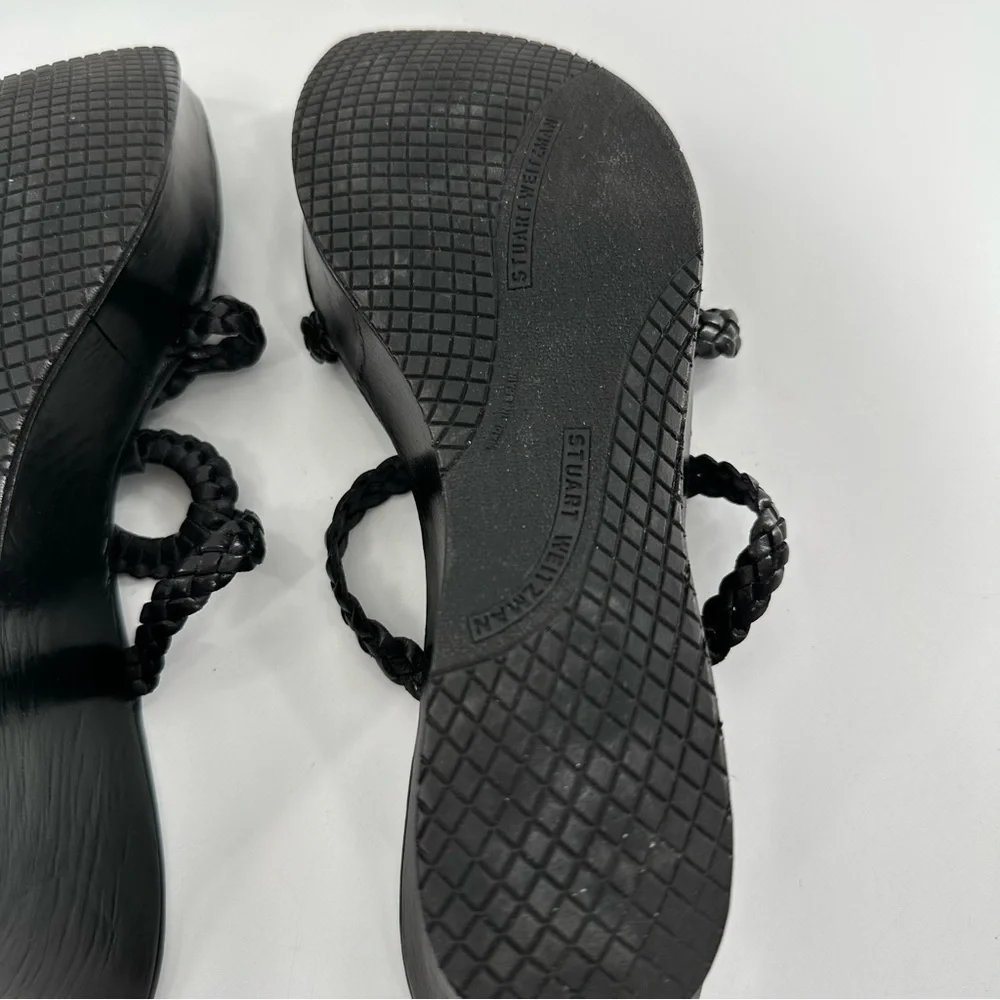 Stuart Weitzman womens sandals 8 black leather braided chunky platform slides